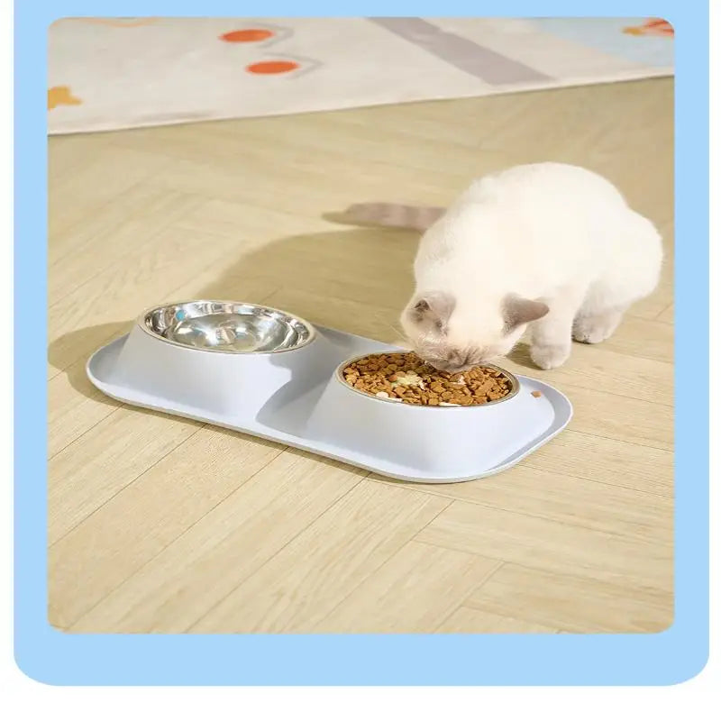 1pc Stainless Steel Double Cat Dog Bowl Cat Food Container Non-slip Base Pet Water Feeder Tilt Safeguard Neck Puppy Cats Bowls