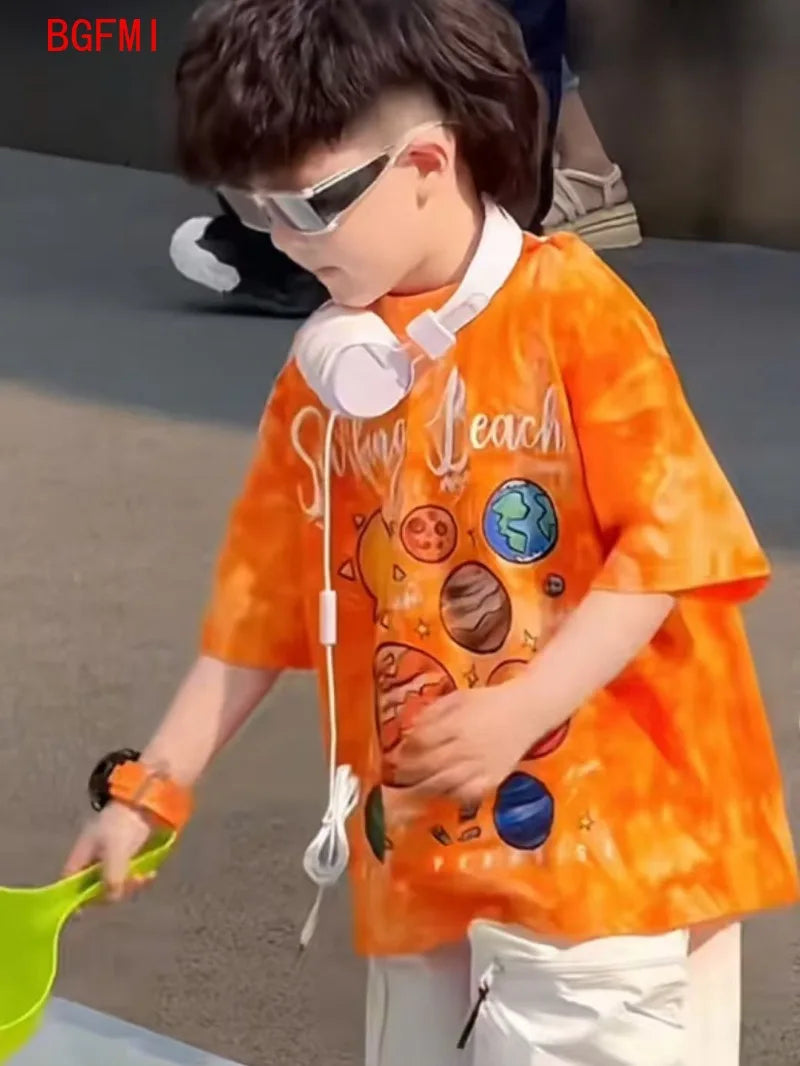 Summer Children's Costume Fashion Boys Clothing New Cartoon Printed Orange Short Sleeved T-shirt White Overalls Shorts 2pcs Set