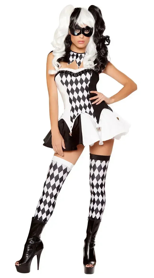 2026Cosplay adulte cirque Clown noir blanc treillis ensemble de costumes femmes Halloween carnaval déguisement mascarade fête