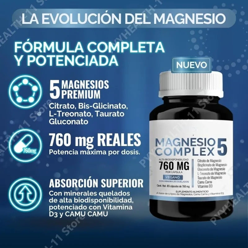 Magnesium Complex Capsules 5 Forms Citrate Bisglycinate L-Threonate Gluconate Taurate Vitamina D3 760mg 60 Capsules