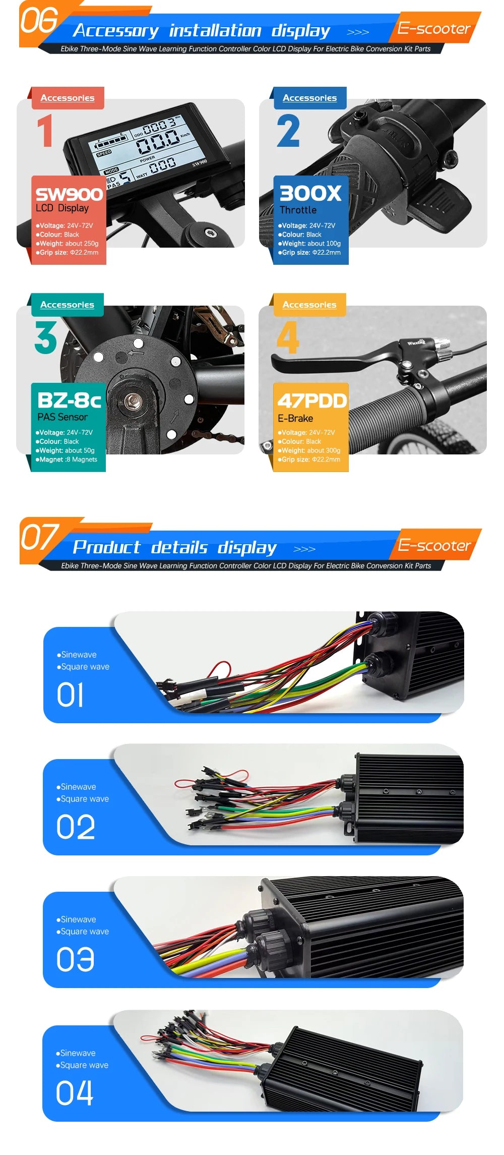 Electric Bicycle 80A BLDC Sine Wave/Square Wave 3 Mode Controller 48V72V3000W5000W Throttle PAS E-Brake Display for Ebike Scoote