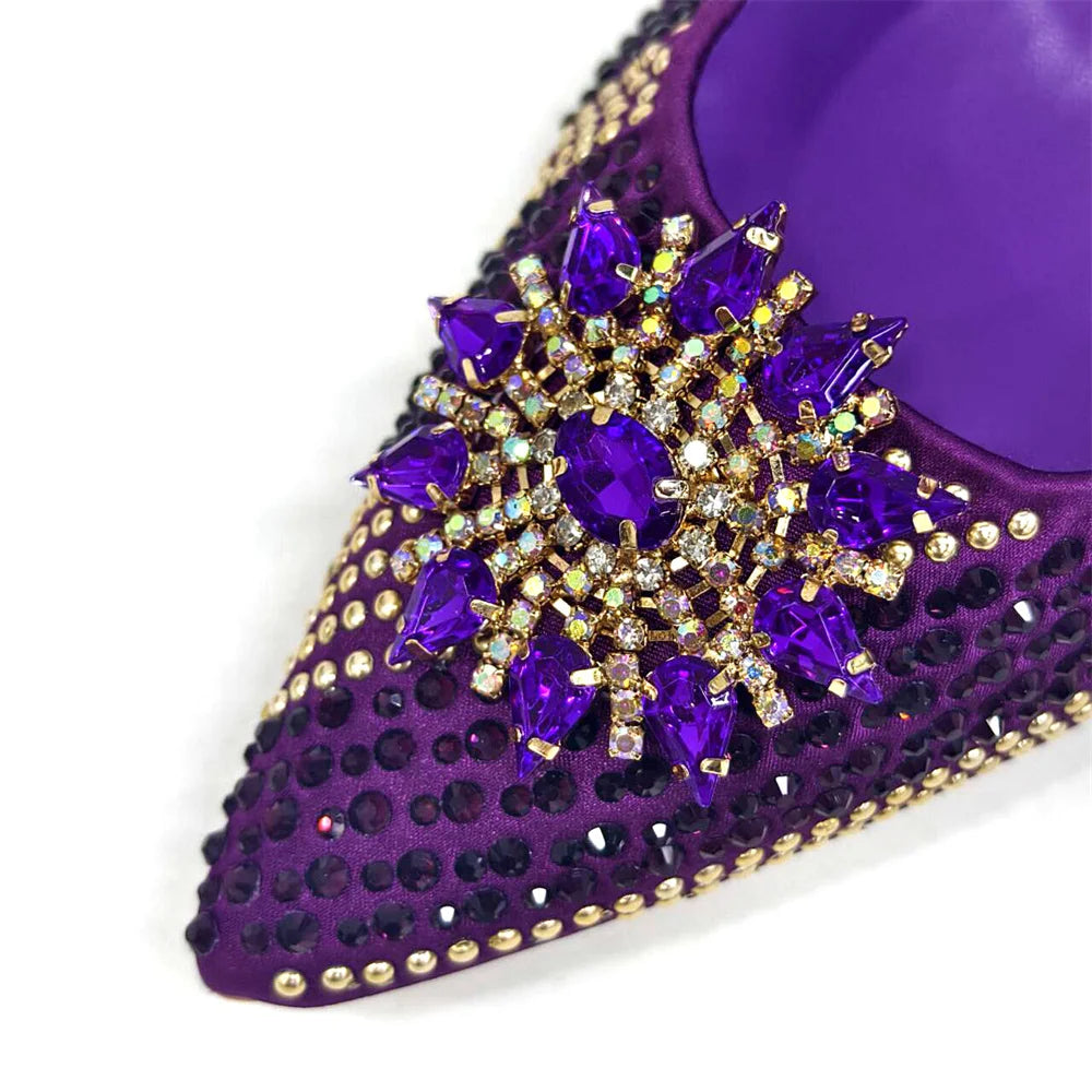 2024 New Designer Specials Italian Women Heels Shoes and Bag Set Royal Purple Color Comfortable With Rhinestone for Party