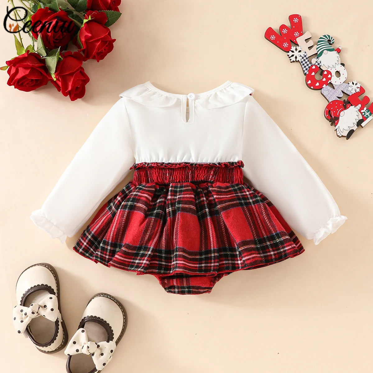 Ceeniu Baby Christmas Romper Dress Girls Lace Collar Patchwork Red Plaid Bodysuit For Newborns My First New Year Girl Clothes