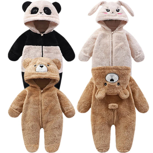 Baby Winter Romper Fleece Cartoon Panda Bunny Hooded Jumpsuit for Boy Girl Clothes Soft Loungewear Thicken Toddler Infant Onesie