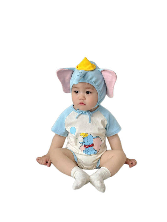 3D Elephant Print Baby Onesie with Hat Set Short Sleeve Romper Bodysuit Outfit Newborn Infant Summer Outfit Cute Animal Costume