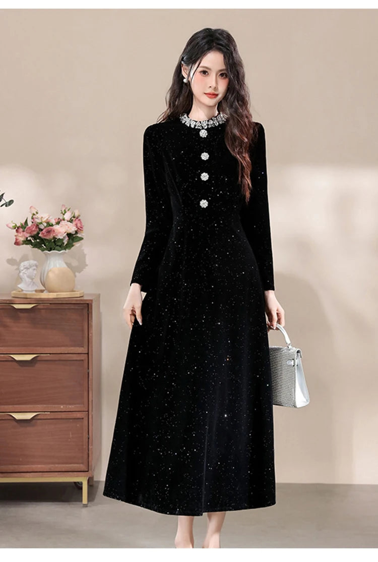 Formal Occasion Black Shiny Slim Long Evening Dress Women Clothes Elegant Luxury Lady Fashion Party Prom Birthday Vestids Retro