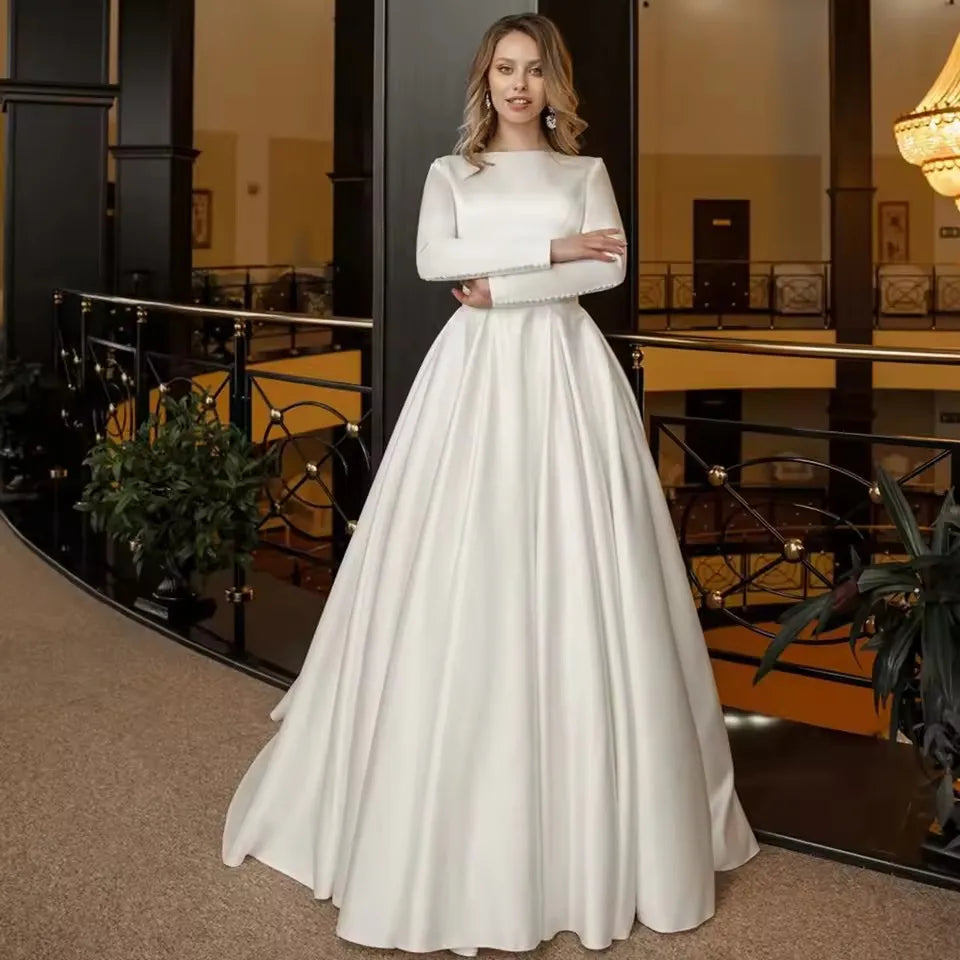 Elegant Satin Wedding Dresses Long Sleeves Modest Bride Dress Muslim Button White A Line Women Bridal Dress Customized