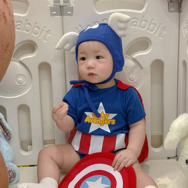 Fall 2025 Korean Superhero Baby Bodysuit Set Costume with Cape Shield & Hat for Cosplay Photoshoot One-Piece High quality Cotton