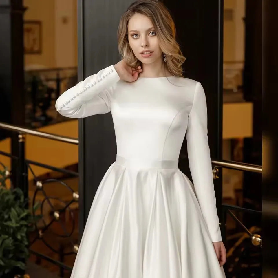 Elegant Satin Wedding Dresses Long Sleeves Modest Bride Dress Muslim Button White A Line Women Bridal Dress Customized