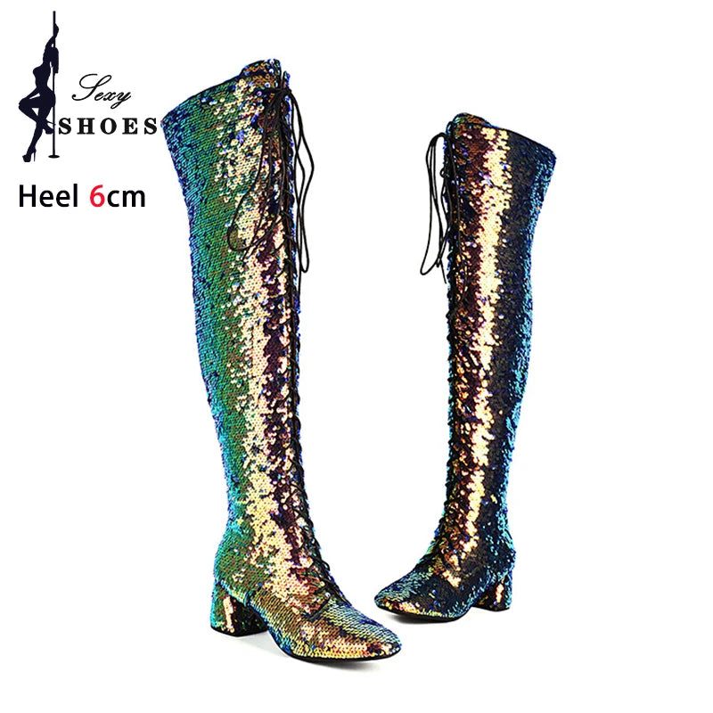 Glitter Bling Boots Women Over the knee Chunk High Heels Zipper Lace-Up Runway Lady Shoes Large Size Thigh High Boots Size 46