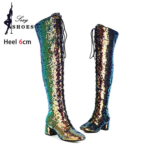 Glitter Bling Boots Women Over the knee Chunk High Heels Zipper Lace-Up Runway Lady Shoes Large Size Thigh High Boots Size 46