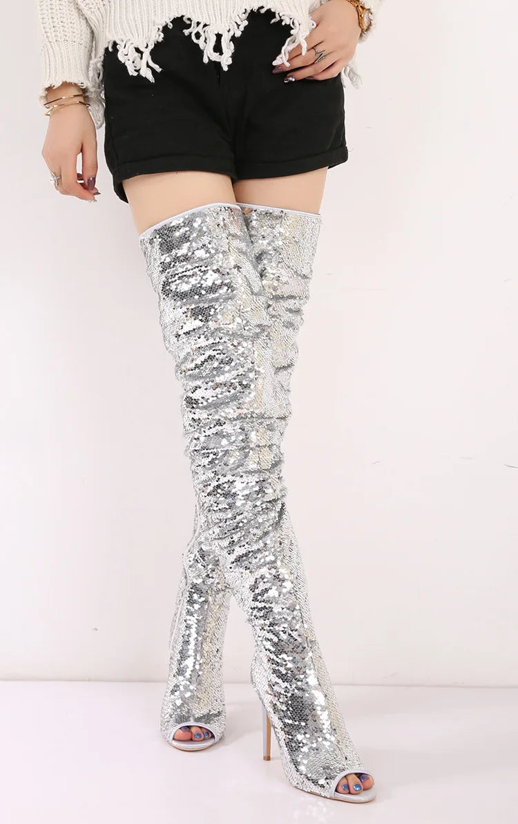 Fashion Wrinkle Women Long Boots Blue Sequined High Heels 11CM Nightclub Queen Peep Toe Shoes Shiny Over The Knee Boots Female