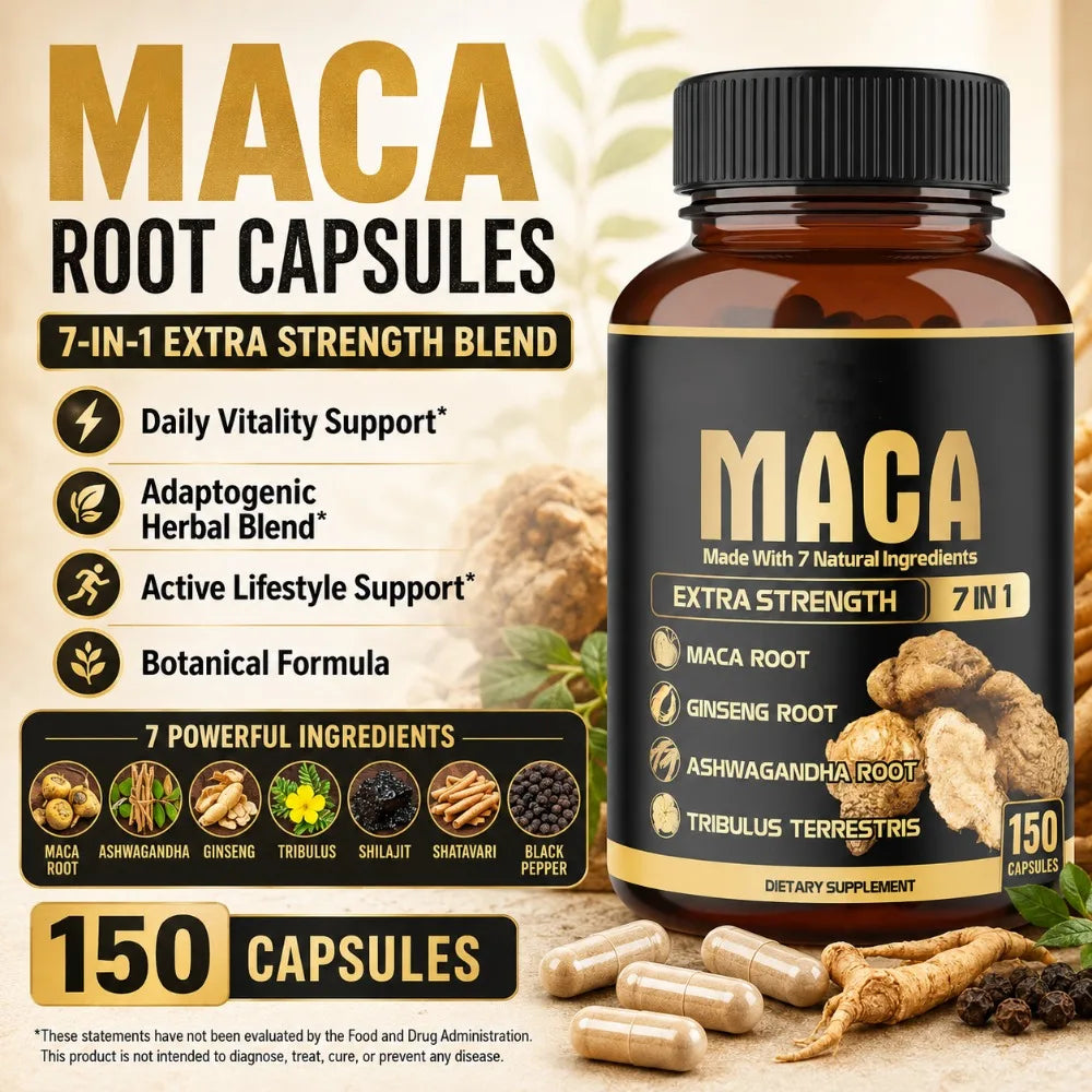 Maca Root Capsules 7-in-1 with Ashwagandha, Ginseng, Tribulus, Shilajit, Shatavari & Black Pepper, Extra Strength, 150 Count