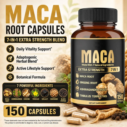 Maca Root Capsules 7-in-1 with Ashwagandha, Ginseng, Tribulus, Shilajit, Shatavari & Black Pepper, Extra Strength, 150 Count