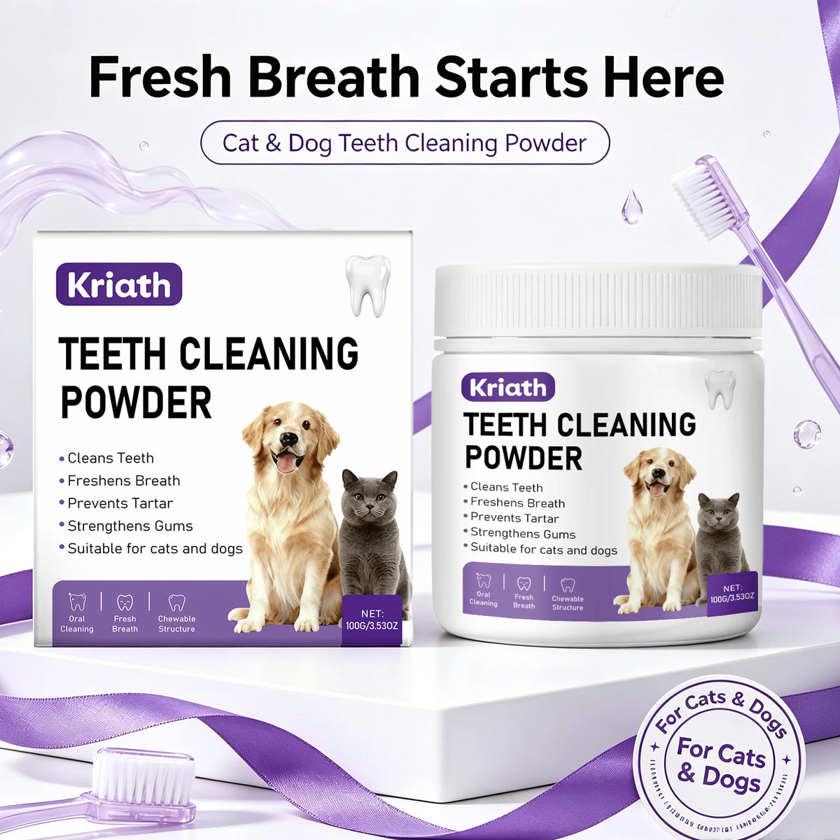 Pet Dental Powder for Dogs and Cats Reduces Tartar and Plaque Freshens Breath Improve Oral Odor Daily Pet Oral Hygiene Powder