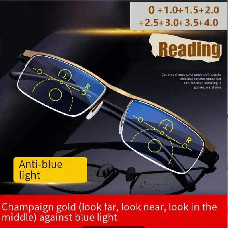Auto Zoom Progressive Multifocal Reading Glasses, Near & Far Vision Presbyopic Eyewear, Anti-Blue Light Glasses
