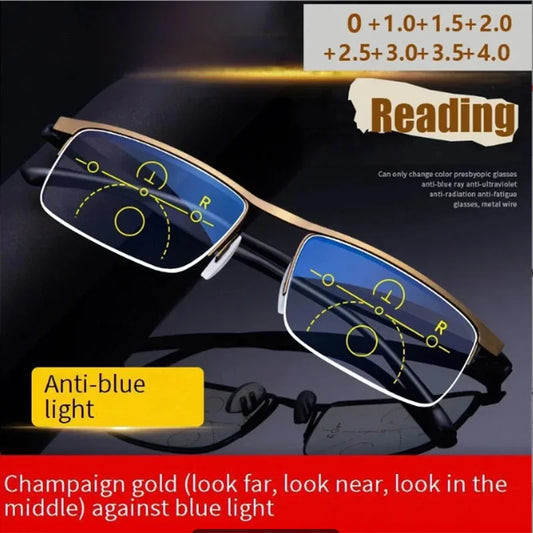 Auto Zoom Progressive Multifocal Reading Glasses, Near & Far Vision Presbyopic Eyewear, Anti-Blue Light Glasses