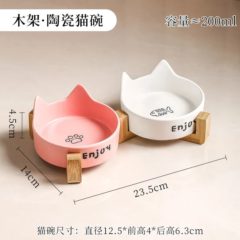 Ceramic Double Bowl Pet Cat Bowl Anti-Slip Heightened Bamboo Table Feeding Bowl Pet Supplies Water Feeders Small Dogs Supplies