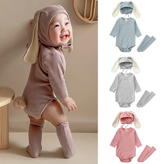 2024 Baby Rabbit Easter Romper Ear Hat Bodysuit Socks Solid Cotton Jumpsuit 0-24M Korean Cute Toddler Boy Girl Outfits Clothes