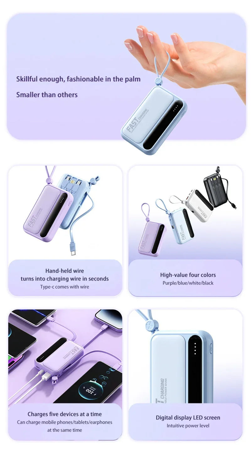 Lenovo 50000mAh Large Capacity Power Bank 4 In1 Built in Cables Intelligent Digital Display Light Fast Charging For IPhone