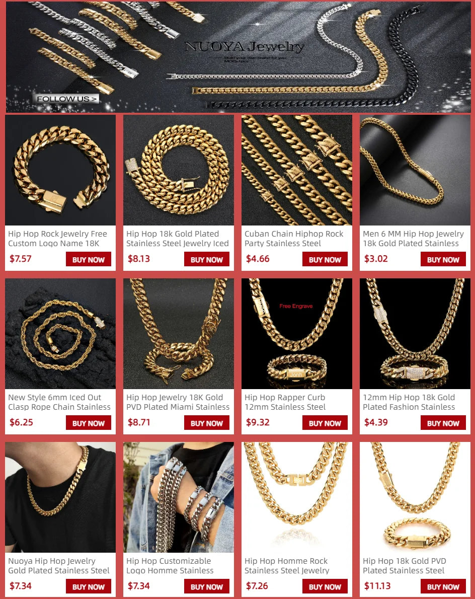 ESKEEM 14K Gold Plated 8mm 12mm Stainless Steel Cuban Chain Hip Hop PVD Plated Cuban Link Necklace For Men Women Party Gift