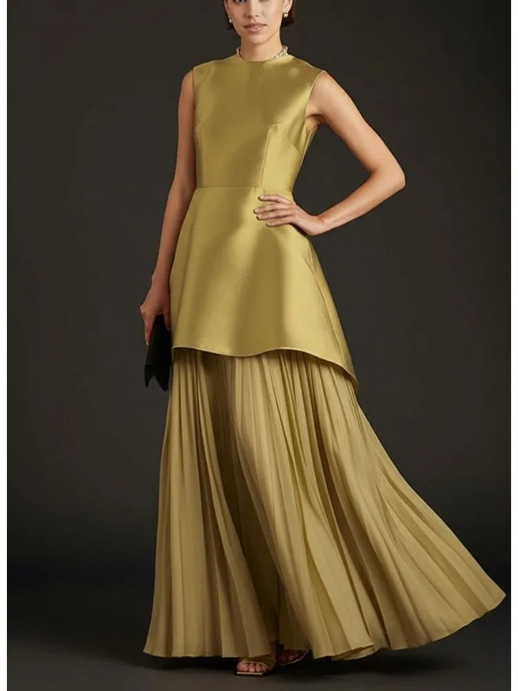 Women's Gold Elegant Evening Dress Round Neck Sleeveless High Waist Pleated A-line Party Dresses Floor Length Wedding Dress