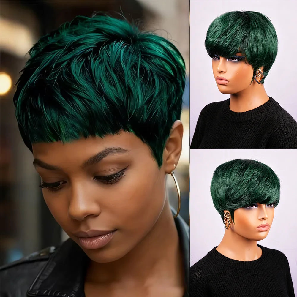 Green Short Straight Layered Bangs Hight Density Pixie Cut Human Hair Wig For Women Full Machine Made Wig