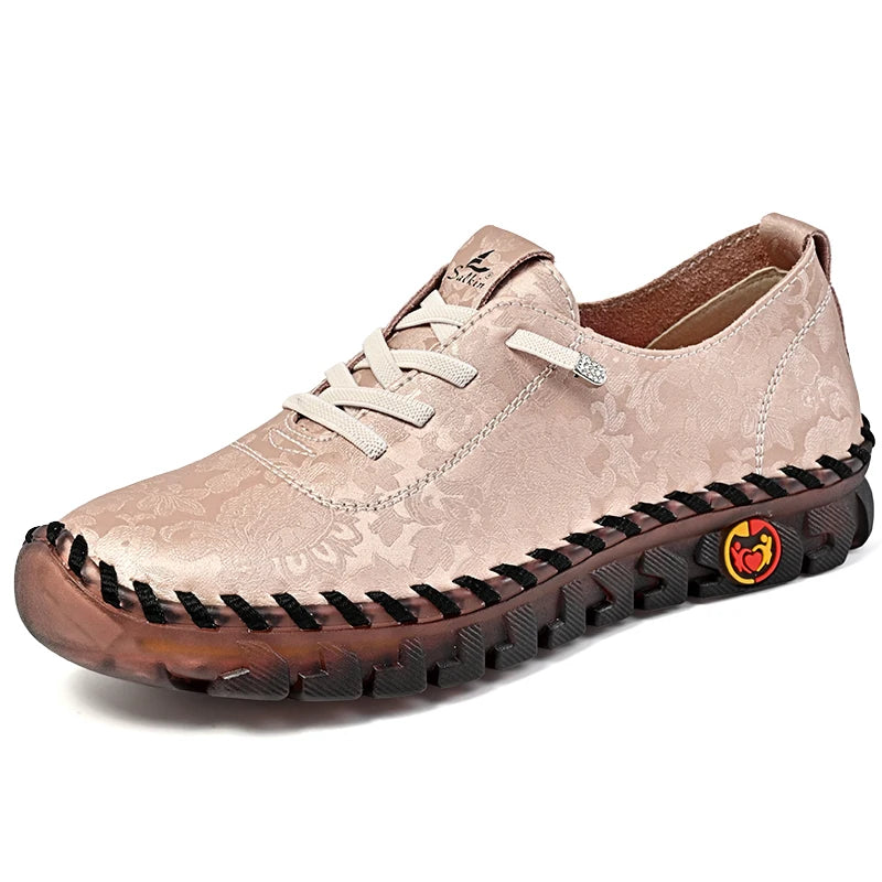 Print Fashion Sneakers Women Hand-stitching Leather Casual Shoes Design Platform Loafers Breathable Flats Shoe Driving Plus Size