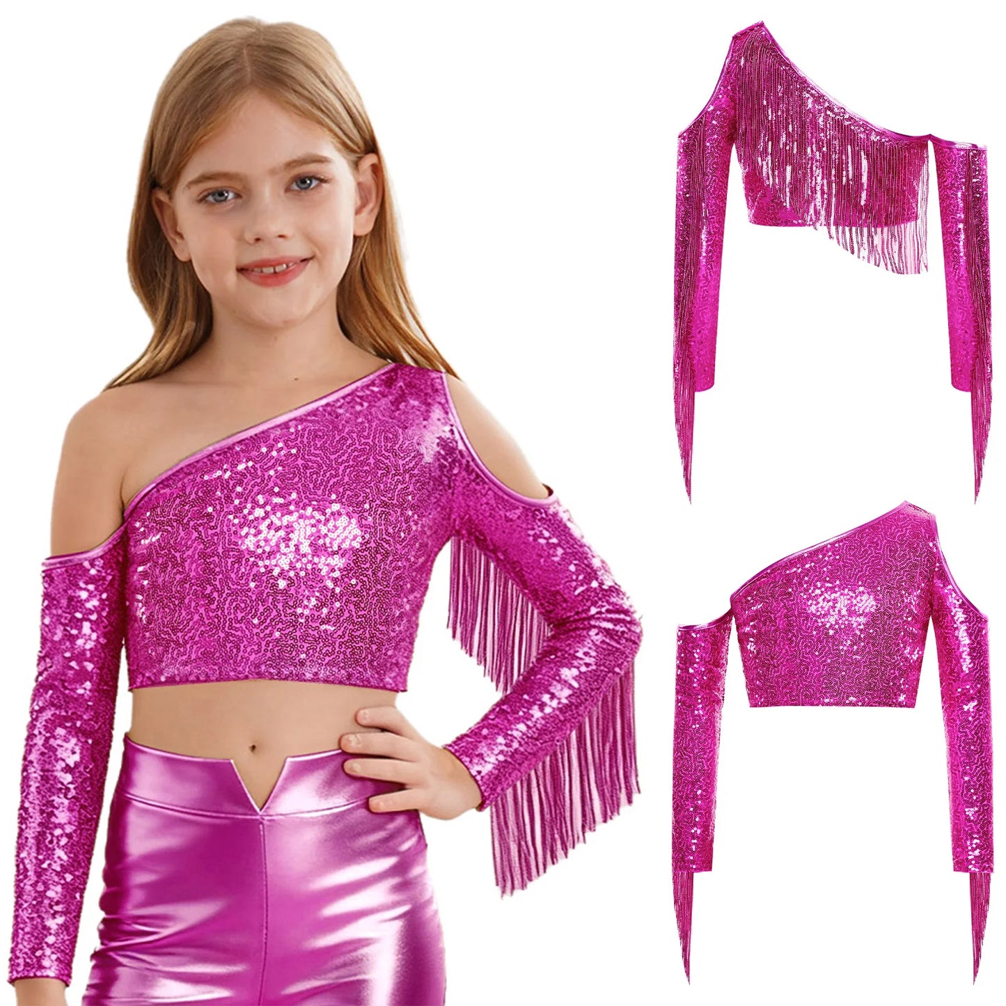 Children's One Shoulder Tassels Tops Streetwear Kids Girls Sequins Crop Top T-shirts Fashion Shiny Stage Performance Costume