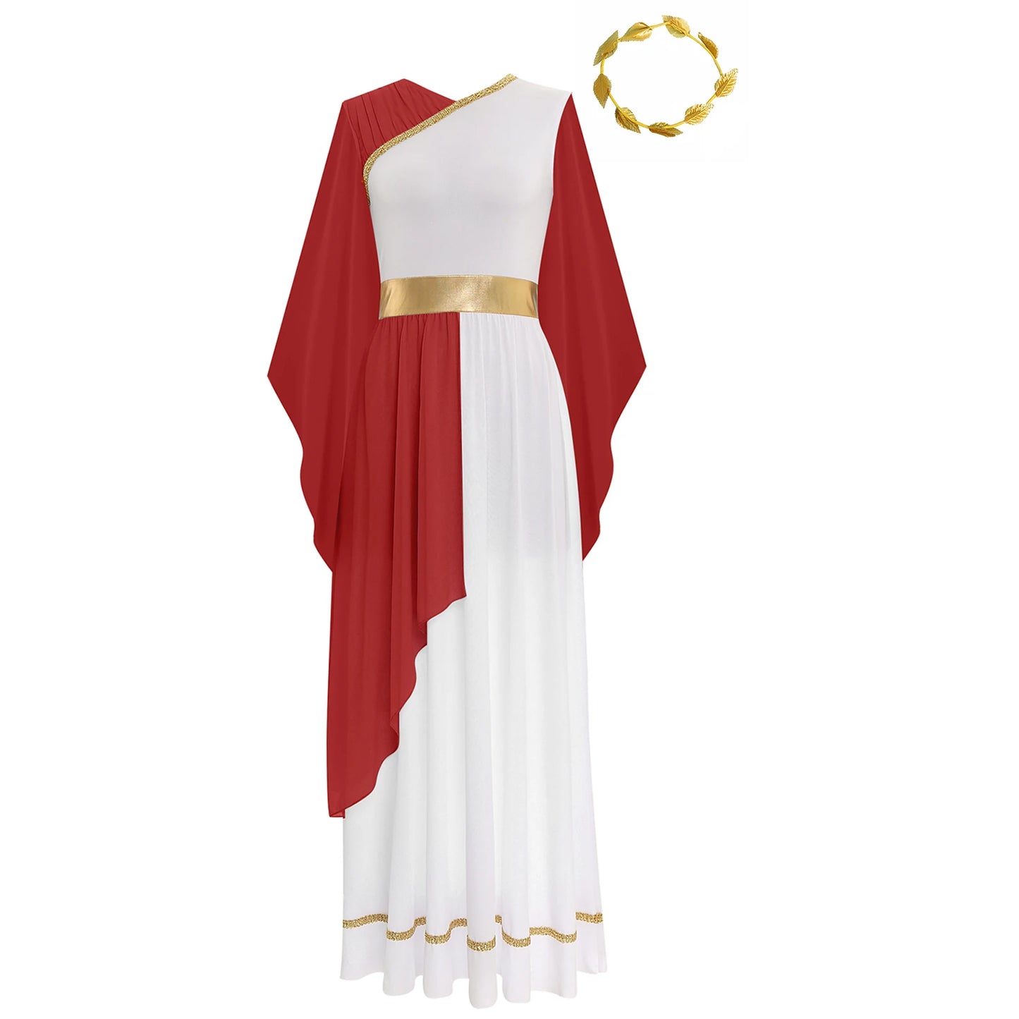 Womens Halloween Greek Beauty Carnival Cosplay Party Costumes Gold Leaves Garland Headwear And Cap Sleeve Ancient Toga Dress