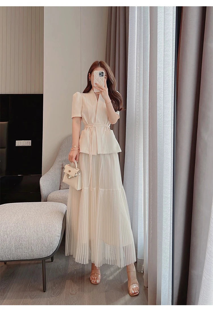 H Han Queen Elegant 2 Piece Office Dress Women Summer Simple Basic A-Line Dresses Short Sleeve Slim Long Casual Party Vestidos