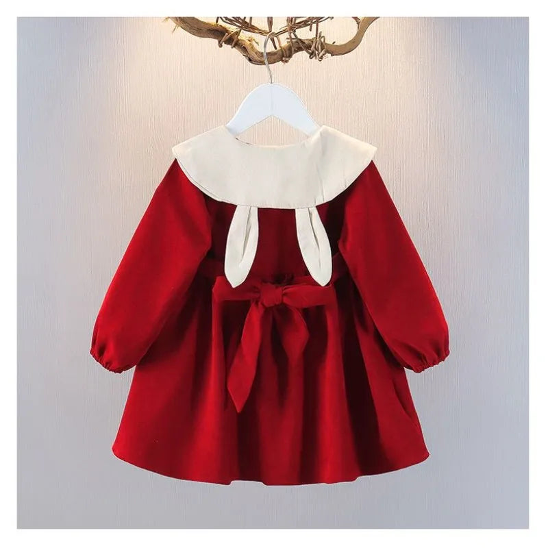 Spring and Autumn Girls' Baby Dress New Children's Fashionable Doll Neck Long Sleeve Dress Red Girls' Princess Dress