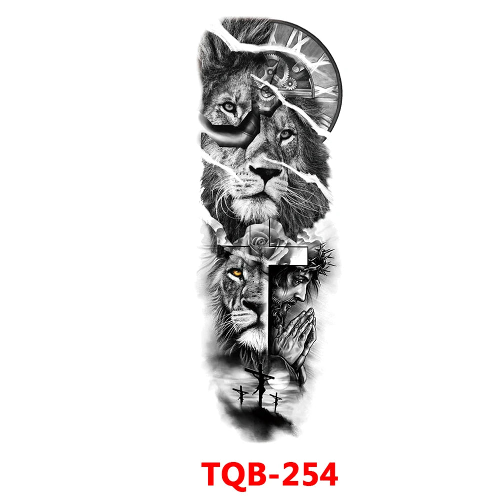 Full-arm Tattoo Stickers With The Crown Of The Virgin Of Jesus And Lion Waterproof Tattoo Stickers