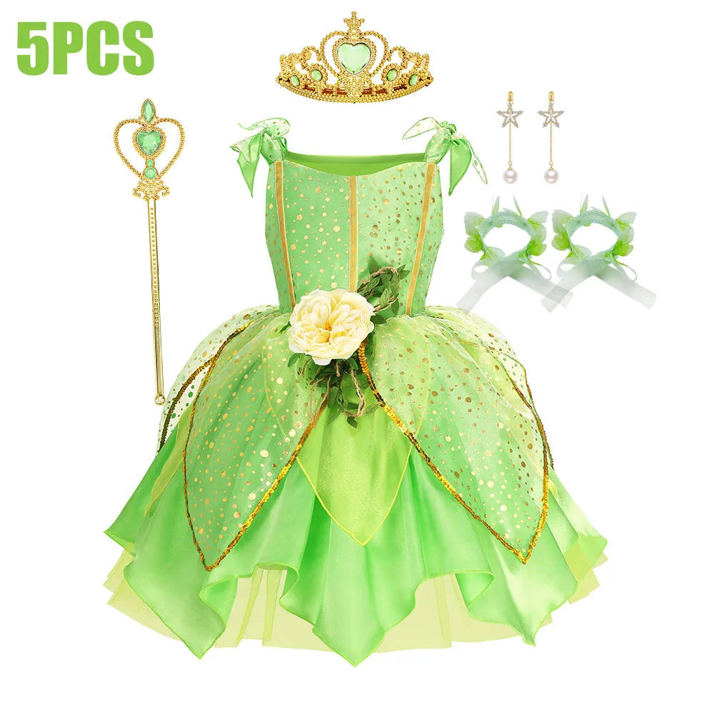 Child Girl Bell Costume Halloween Costume for Kids Green Dress Fancy Fairy Princess Cosplay Carnival Party Ball Gowns with Wing