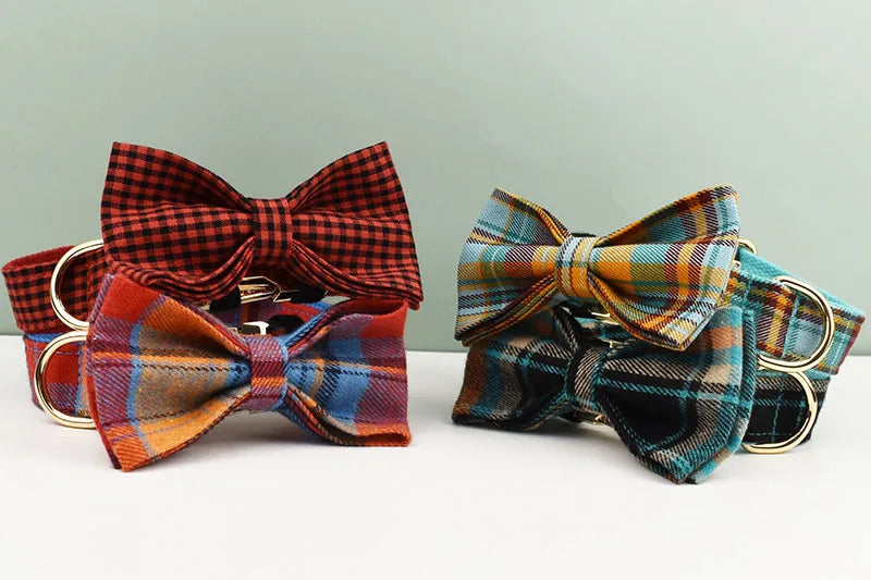 Plaid Dog Collar Designer With Bow Tie Custom Dog Accessories Luxury Pet collar leash set