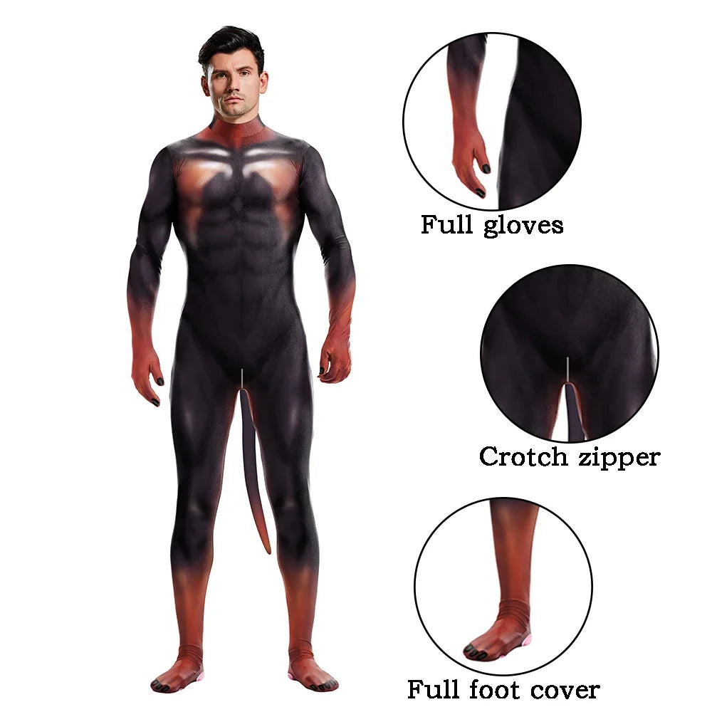 Halloween Cosplay Costume Male Adult Full Cover Elastic Zentai Pet Suit Jumpsuit Print Catsuit Bodysuits with Tail Purim Clothes