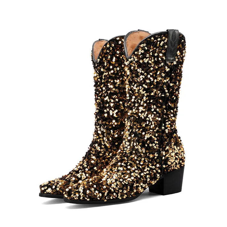 Women Sexy Western Boots Bling Bling Trends Party Chunk Heels Lady Shoes Fashion Pointed Nightclub Female Sequin Mid-Calf Boots