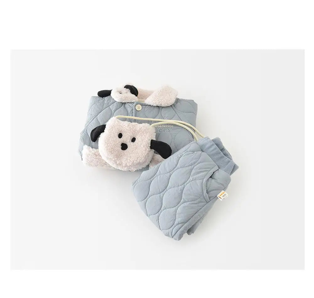 2025 Winter New Baby Warm Clothes Set Boys Girls Cute Lapel Padded Jacket + Pants 2pcs Suit Plus Velvet Thick Infant Outfits
