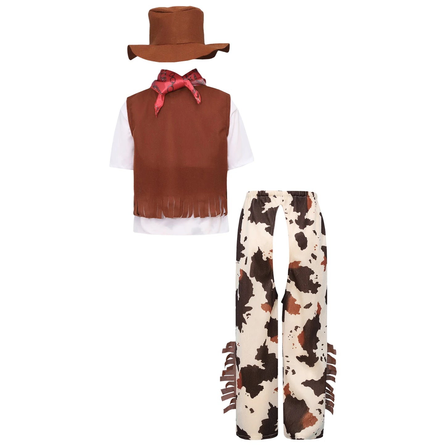 6Pcs Boys Western Cowboy Bandanna Halloween Cosplay Costume Dress Up T-shirt with Pants Vest Hat Bandana And Waistband Set