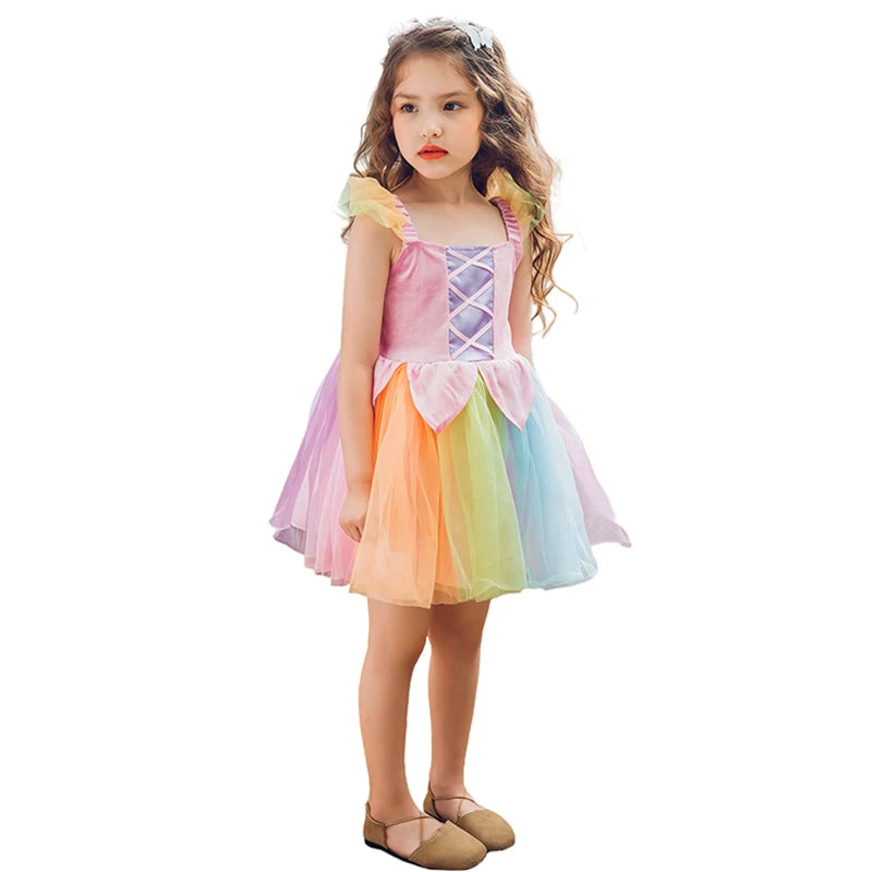 Cheap Top Quality Summer Fancy Baby Girl Fairy Rainbow Tutu Dress Halloween Cosplay Elf Princess Carnival Infant Party Ball Gown