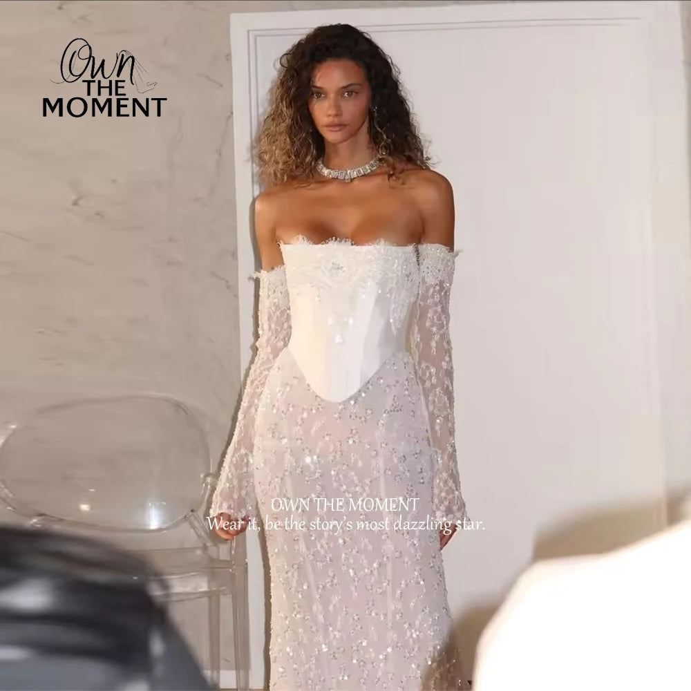 OTM White Strapless Wedding Dress Detachable Sleeves Back Zip Bridal Gown 2025 Mermaid Floor-Length Wedding Gown Customized