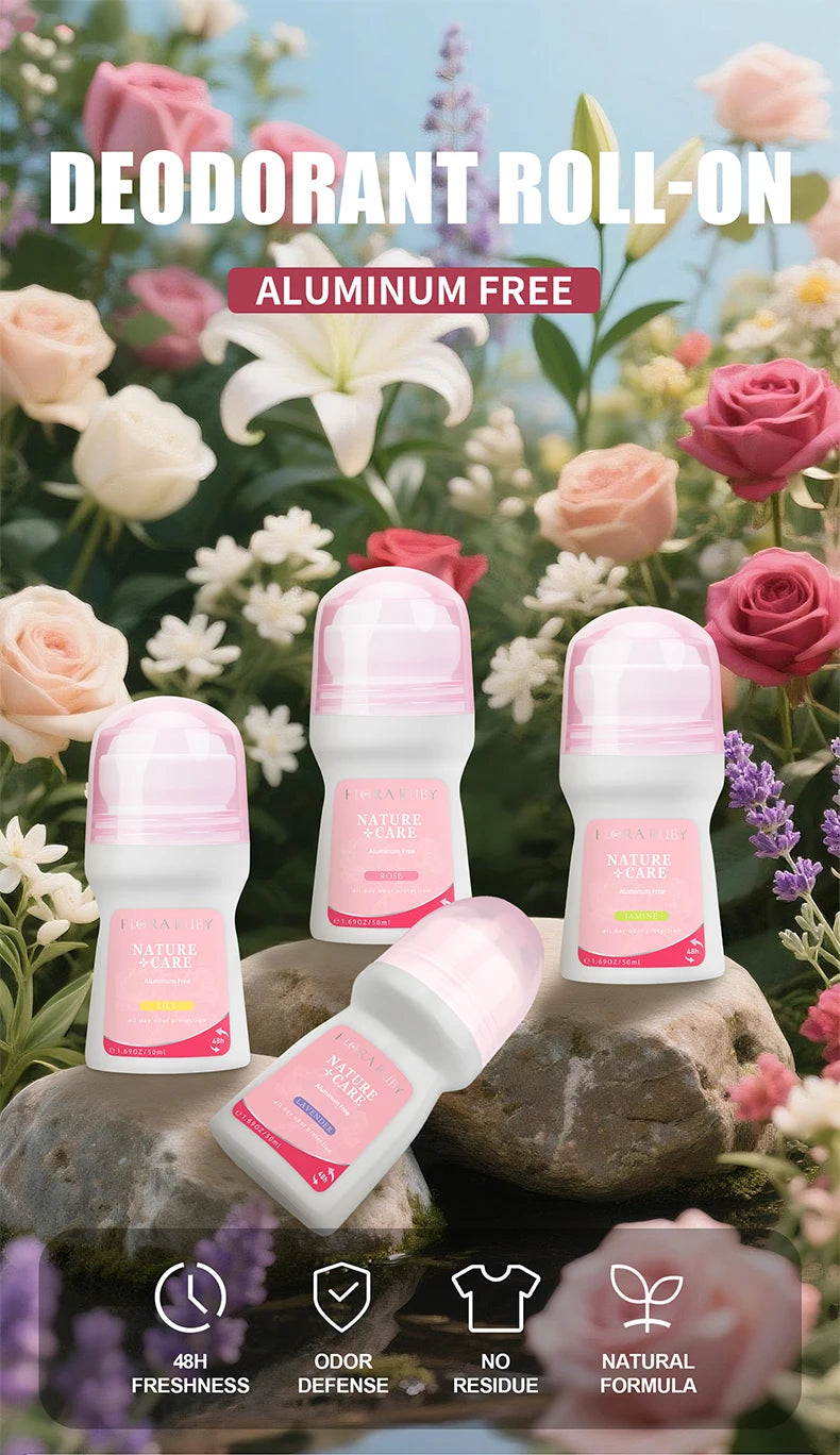 Flora Ruby Cherry Blossom Collection Lavender/Rose/Jasmine/Lily Roll On Deodorant Aluminium free for Women 1.69 fl oz/50 ml