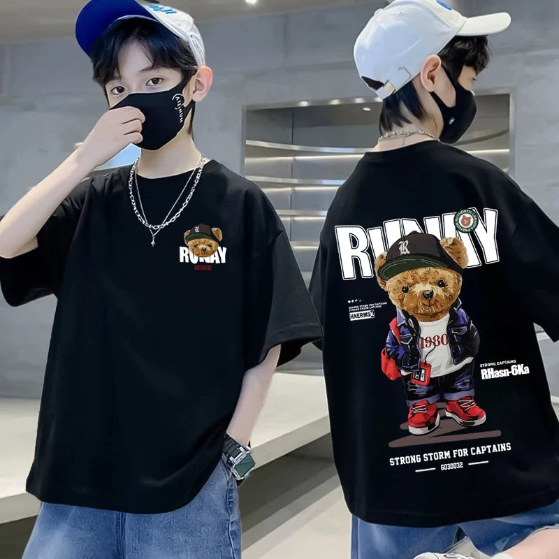 Summer 100% Cotton Boys Blue T-shirt Cool Graffiti Printed Girls Tees Short Sleeve Children Tops High Quality Kids Clothes 2024