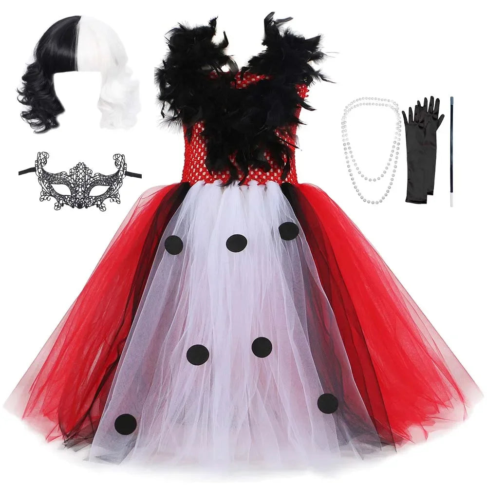 Halloween Crulla Cosplay Costume Cruella Tulle Dress Party Girls Black White Carnival Kids Cruella Wig Lace Mask Suit Clothes