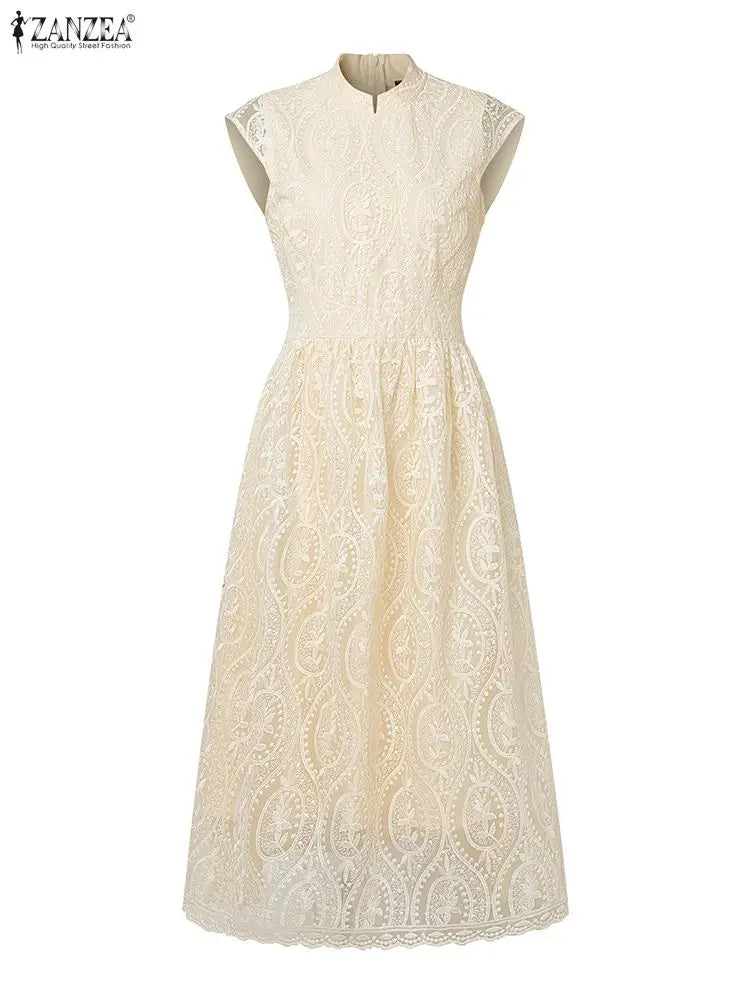 ZANZEA Elegant Women's Wedding Guest Party Midi Dress Embroidered Mesh Patchwork Stand Collar Cap Sleeve Dresses Woman Clothes