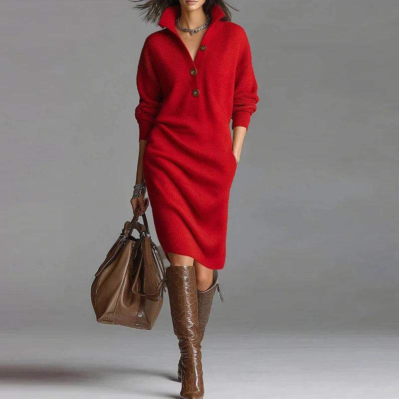 Autumn Winter Long Sleeve Knitted Dresses For Women Fashion Button Design Long Sleeve Lady Office Dress Women Elegan Party Dress