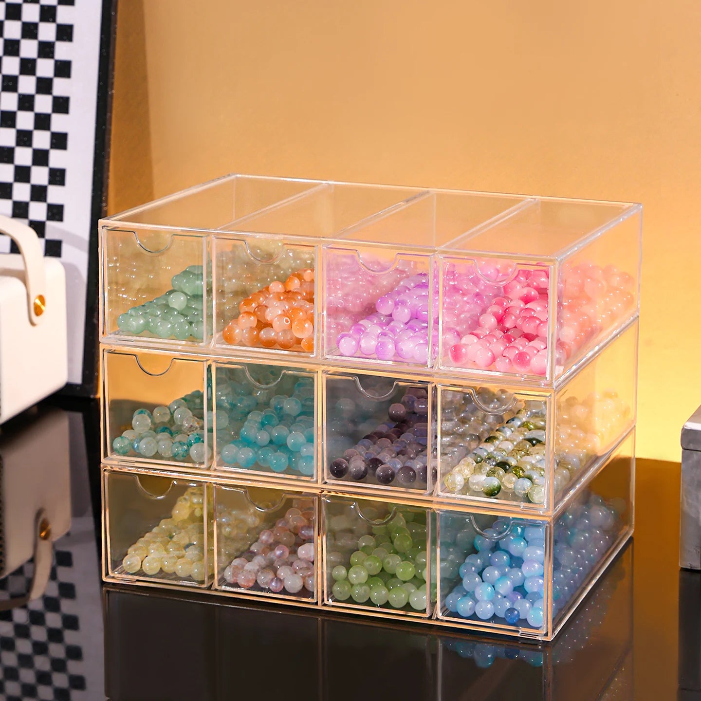 1pc Acrylic 1Layer 4Grid Bead Jewelry Organizer Stackable Separate Compartment Desktop Storage Box Suitable Hair Jewelry Storage