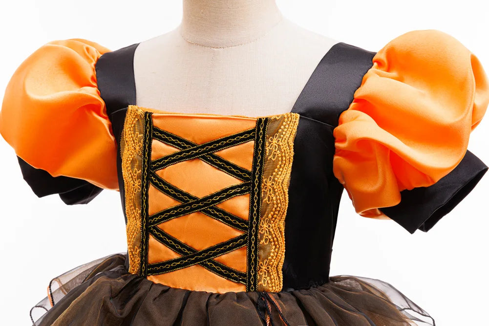 Girls Halloween Witch Costume Puff Sleeve Orange Black Layer Tulle Tutu Dress Kids Pumpkin Cosplay Outfit With Witch Headband Pu