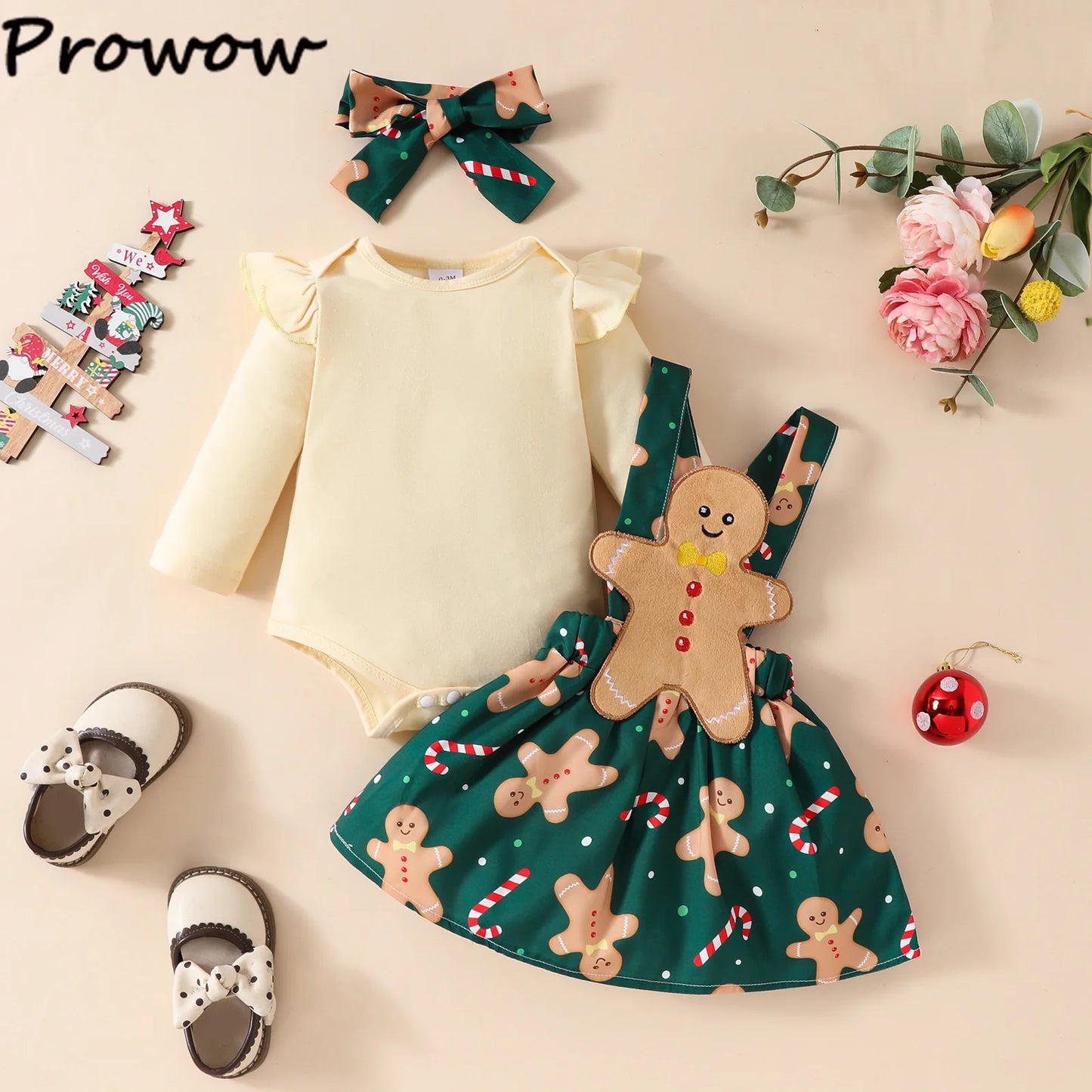 Prowow Baby Girls Christmas Outfits Set Red Bodysuit+Plaid Deer Suspender Dress Set 3pcs My First New Year Costume For Baby 2026