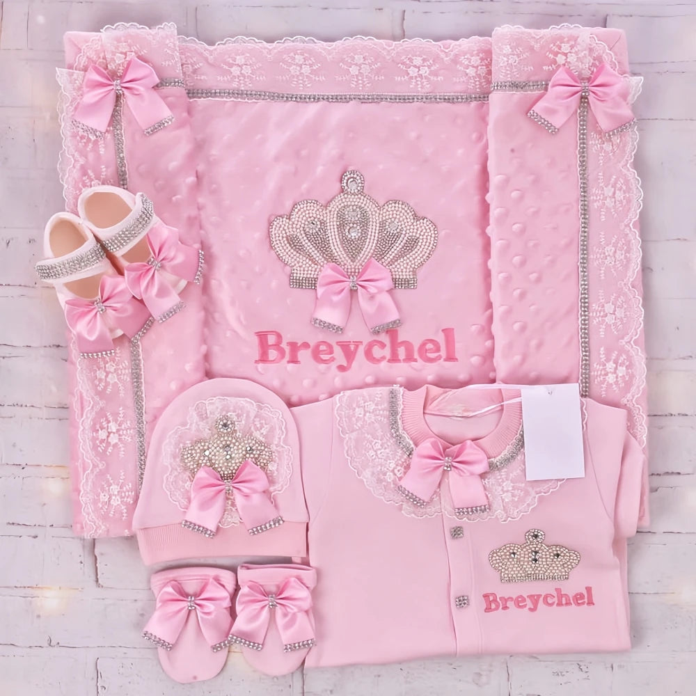 5pcs Newborn Baby Embroidery Lace Romper Outfit Clothing Cotton Infant Wrapped Baby Products Pants Mittens Receiving Blanket